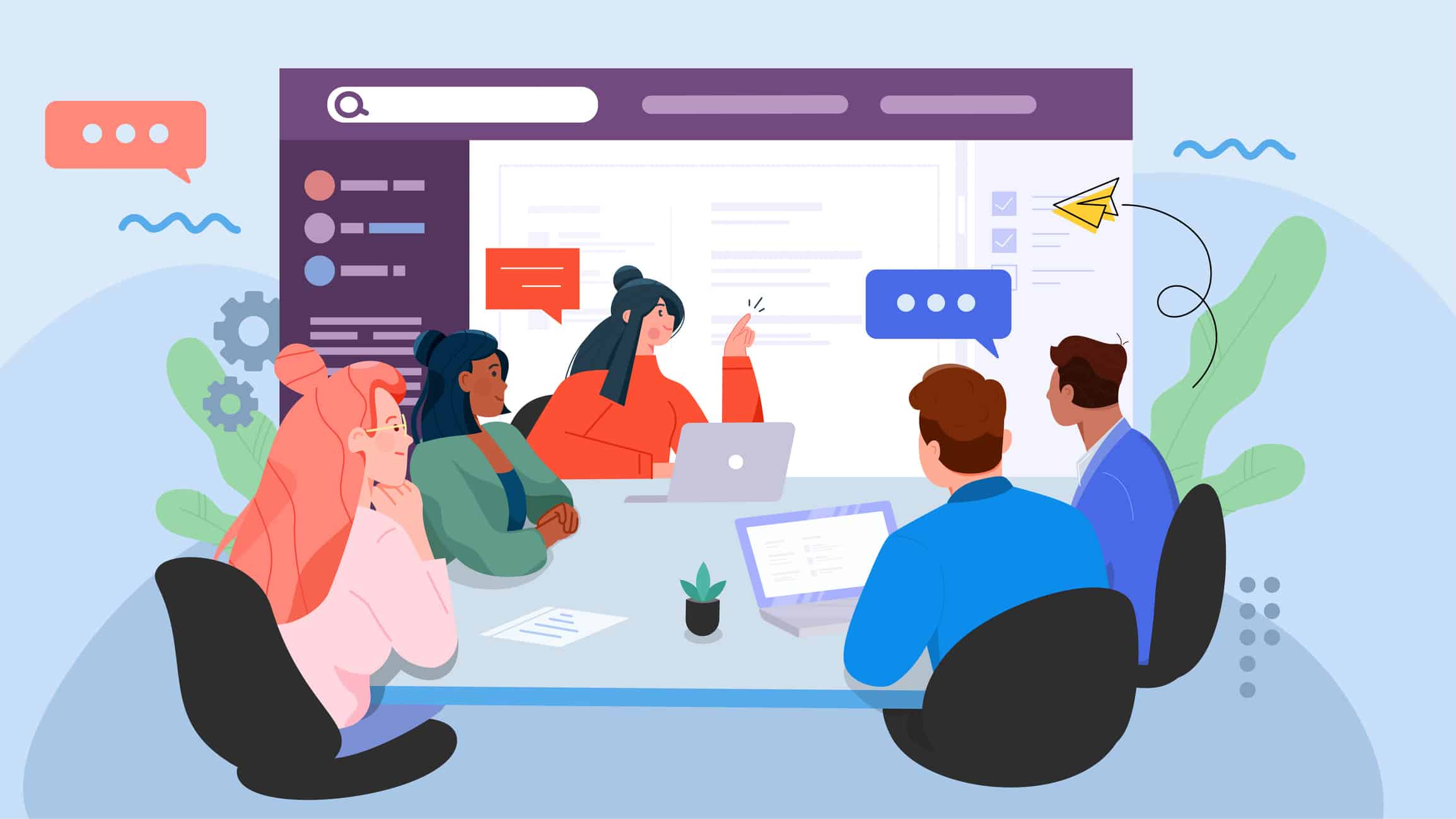 Location Briefing and Conference Concept. Working Presentation. The employee shows presentation, date, and research. Brainstorm and Teamwork Set. Office staff Training meeting, and Communication. Vector Flat Illustration.